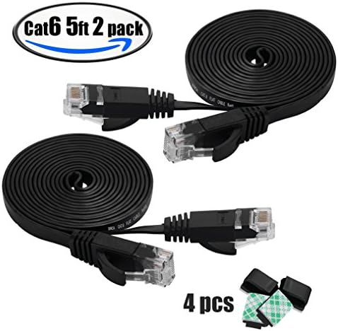 Cat6 5Ft 2pack &amp; 4pcs Sticky clips,Flat Internet Network Cable– XINCA Cat 6 Computer short Ethernet Cable With Snagless Rj45 Connectors &amp; 3M lan cable clips– 5 feet Black (1.5 Meters)