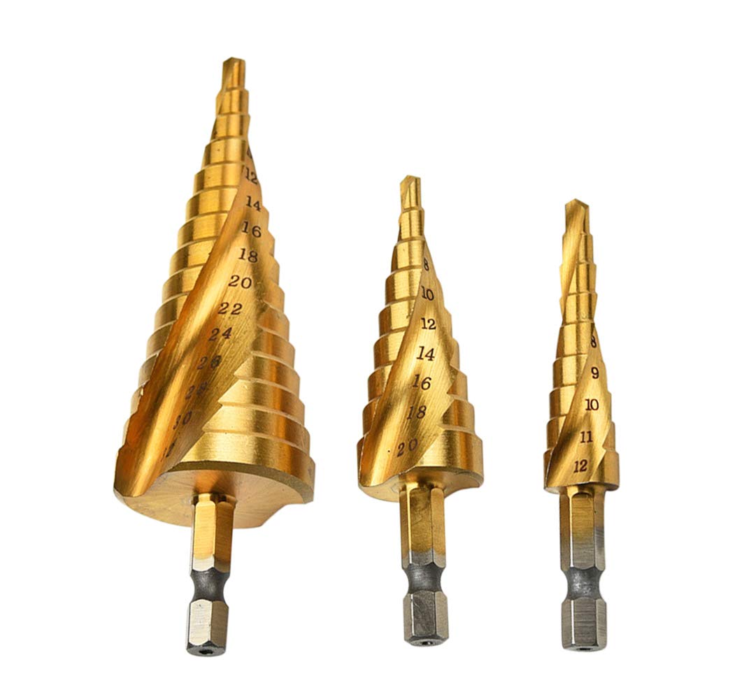 Meichoon 3 Piece Step Cone Drill Bit Set HSS 4241 Spiral Flute 4-12mm/4-20mm/4-32mm, Titanium Coated Drilling Tool Multi-functional Hex Shank High Speed Steel DC10
