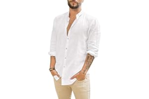 Makkrom Men Linen Shirt Button Down Long Sleeve Cotton Beach Band Collar Casual Summer Shirts