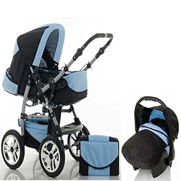 15 teiliges Qualitäts-Kinderwagenset 3 in 1 „FLASH“: Kinderwagen + Buggy + Autokindersitz – all inklusive Paket in Farbe SCHW