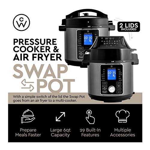 ChefWave 2-in-1 Air Fryer and Pressure Cooker - 6 Qt Multi Cooker Swap Pot with 29 Presets - Steamer, Dehydrator, Slow Cook, Saute - Digital Control Panel, LCD Touchscreen Display, Recipe Book
