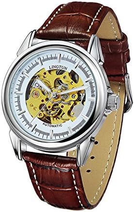 Mens luminous mechanical watches/Hollow wrist watch/Classic vintage real leather belt watch-E
