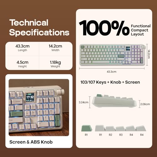 EPOMAKER RT100 PRO Tri-Mode Mechanical Keyboard, 1.54” Hot-Swap Screen, Knob, Retro PBT Keycap, Mac Keys, Thocky Gasket, Custom Driver, RGB, BT/2.4G Wireless Gaming Keyboard (White, Creamy Jade)