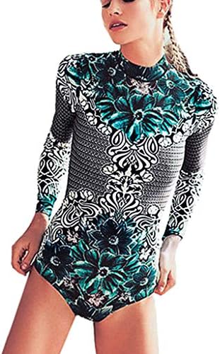 Women Summer Surf Beach, Leaf Long Sleeve Swimwear Beachwear Siamese Swimsuit by residentD Green