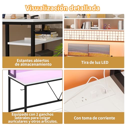 Escritorio en L,Escritorio Gamer con Regleta y Tira LED,Reversible con Estante Escritorios L,Escritorios Gamer en L con Espacio de Almacenamiento.(Blanco)