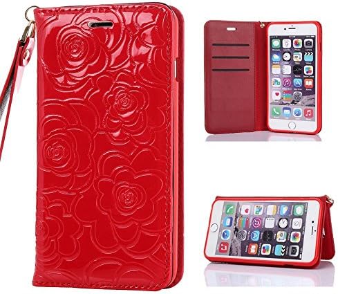 Iphone 6s case,[Wrist Strap]Premium Vintage 3D Embossed Floral Flip Magnetic Leather Wallet with Credit Card Slot Slim Fit for Iphone 6s 4.7 Inch(Red)