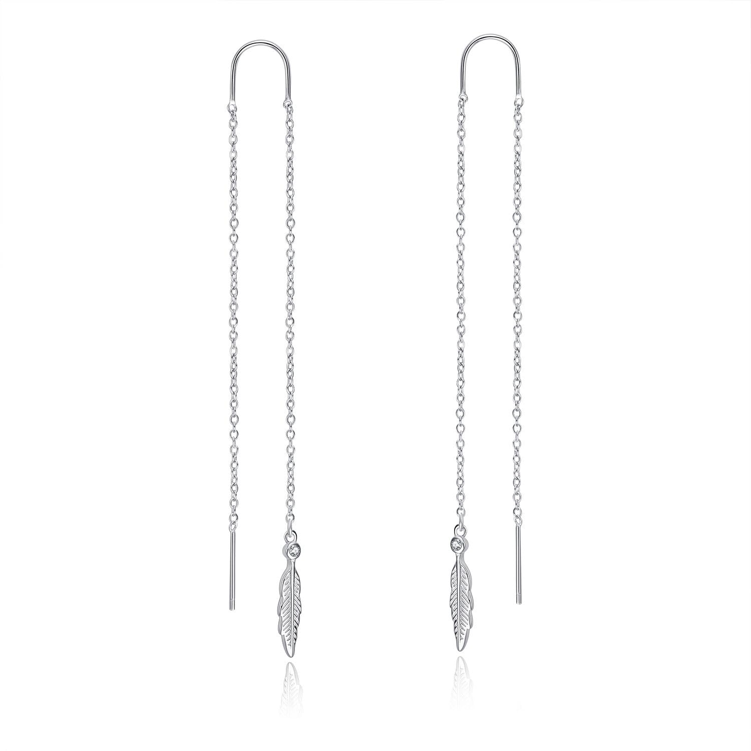 Feather Threader Earrings Sterling Silver Feathers Long Drop Pull Through Earrings for Women (Feather Threader Earrings)