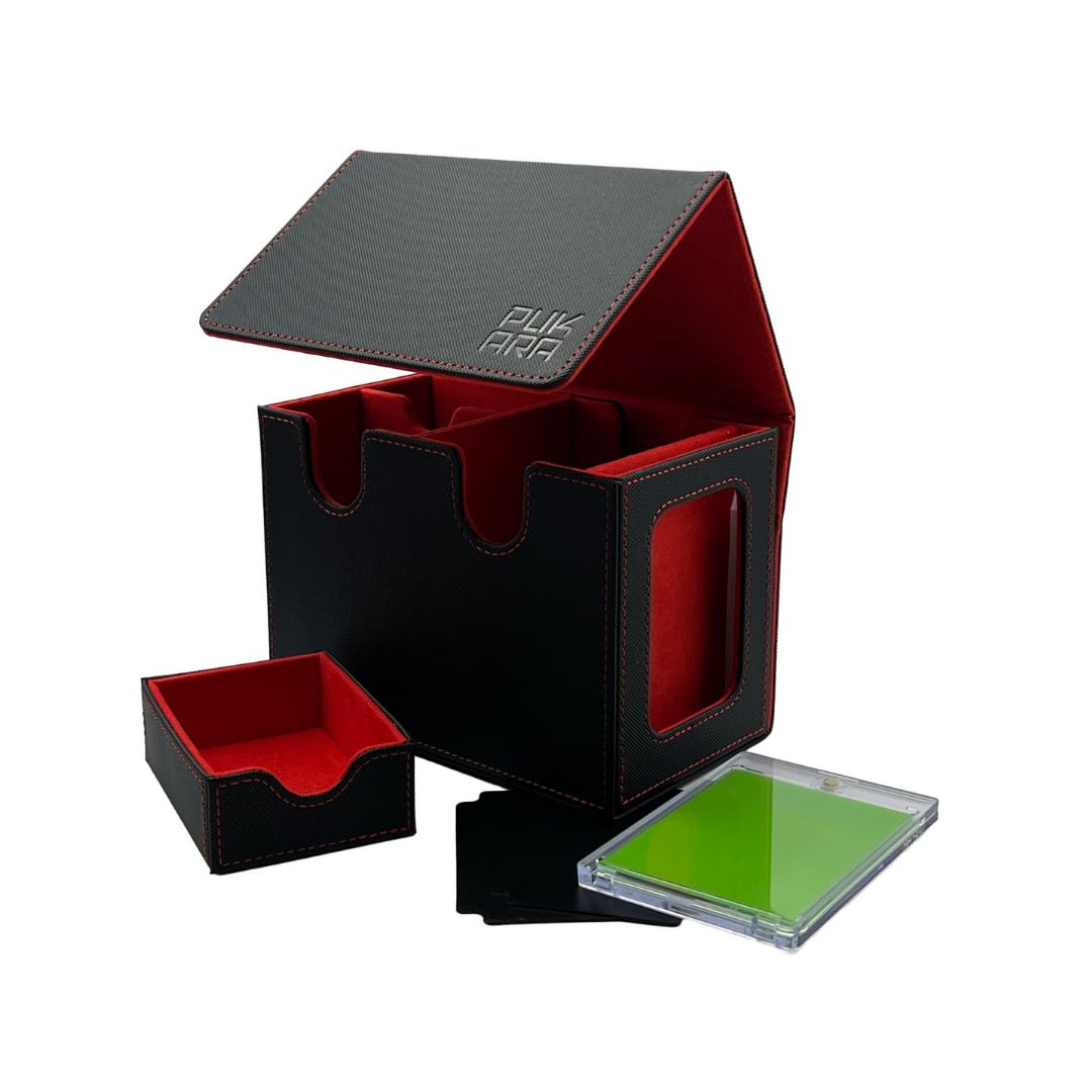 PUKARA Commander Card Deck Box for MTG. Card Storage with Magnetic Closure, MTG Deck Box, Includes 100 Card Sleeves, Dividers, Dice and Tokens Tray, 35PT Card Holder (Black and Red)