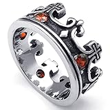 KONOV Mens Cubic Zirconia Stainless Steel Ring, Vintage Crown, Red Black Silver