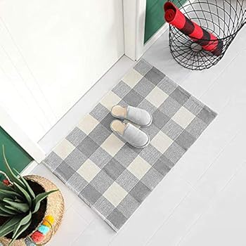 Plaid Cotton Woven Rug - Gray and White Area Rug Runner | Buffalo Check Door Mat | Rug for Kitchen Entryway Doorway Laundry Entrance Way | Washable Floor Porch Carpet 2'x3'