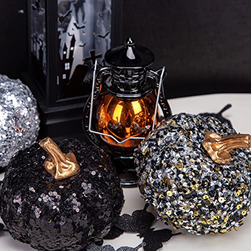 DomeStar Artificial Pumpkins, 3 PCS Glitter Fake Pumpkins Faux Pumpkins with Sequins and Fake Diamonds for DIY Halloween Thanksgiving Fall Harvest