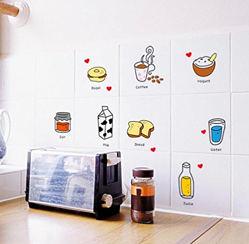 BIBITIME Kitchen Wall Art Decals Coffee Yogurt Jam Water Milk Bread Juice Vinyl Sticker for Glass Window Tile Fridge Locker Cabinet Small PVC Decorations - Thumbnail 5