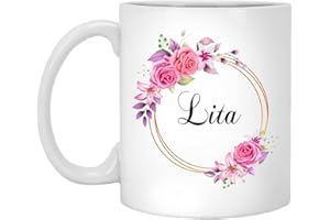 KOPEME GavinsDesigns Lita Flower Novelty Coffee Mug Gift For Mother's Day - Lita Pink Flowers On Gold Frame - New Lita Mug Flower - Birthday Gifts For Lita - Lita Coffee Mug 11oz,MUG-GBH52DZQPY-11oz
