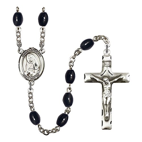 St. Madeline Sophie Barat Silver-Plated Rosary 8x6mm Black Onyx Beads Crucifix Size 1 3/4 x 1 medal charm
