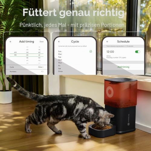 Automatic Cat Feeder with Camera 6L, Automatic Cat Feeder for Cats and Dogs, App Control via WiFi, 2-Way Audio, Night Vision, Feeder with Stainless Steel Bowl (White & Red)