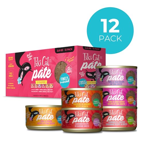 TIKI CAT GRILL PÂTÉ VARIETY PACK, COMBINATIONS OF REAL FLAKED FISH, WET HIGH-PROTEIN & HIGH-MOISTURE CAT FOOD, 2.8 OZ. CANS (PACK OF 12)