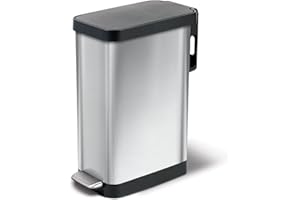 Glad Slim Trash Can with Clorox Odor Protection - Narrow Kitchen Garbage Bin with Soft Close Lid, Step On Foot Pedal and Waste Bag Roll Holder, Stainless Steel, 45 Liter