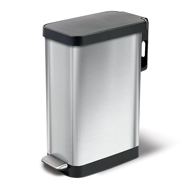 GLAD SLIM TRASH CAN WITH CLOROX ODOR PROTECTION – NARROW KITCHEN GARBAGE BIN WITH SOFT CLOSE LID, STEP ON FOOT PEDAL AND WASTE BAG ROLL HOLDER, STAINLESS STEEL, 12 GALLON/45 LITER