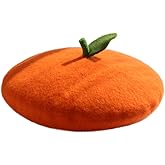 Kmiunty Women Cute Fruit Beret Girl Fruit Hat Wool Cap with Cute Green Leaves (Orange)
