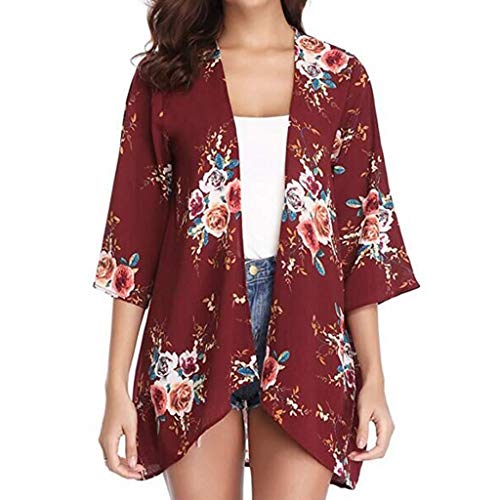 Farmerl Women Beach Shawl Leaves Print Chiffon Kimono Blouse Loose Top Outwear Red