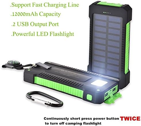 Solar Portable Charger iPhone Power Bank Cell Phone Military New Powered Android Battery Pack Waterproof Light Supporting Fast Charging Powerful Flashlight Dual USB 12000 mAh Solar Power Bank Green