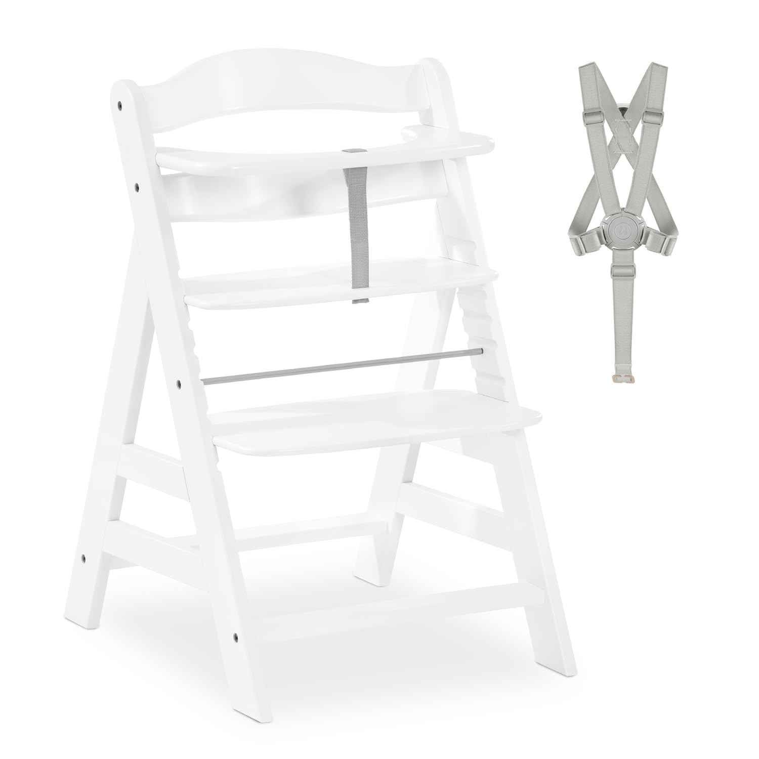 hauck Alpha+, White - Wooden High Chair 6 Months to Adult Sustainable FSC® Certified Beechwood Toddler Feeding and Entertainment Chair, Inclusive 5-Point Harness Bumper Bar Crotch Strap