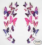 Romantiko 24 Pcs Fashion 3D Double Wings Butterfly Stickers Decor Decal Wall Stickers Art For Home and Room. (Purple)