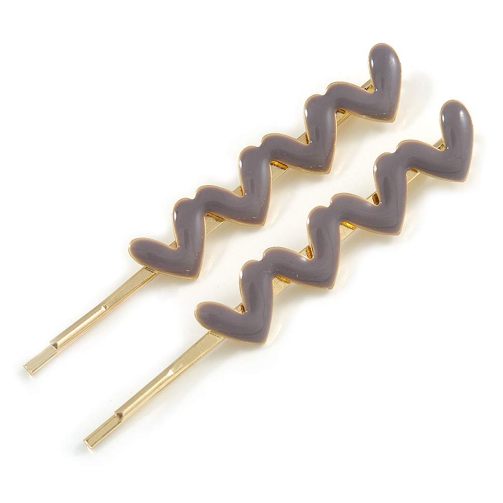 2 Gold Plated Pastel Purple Enamel Heart Hair Grips/Slides - 65mm