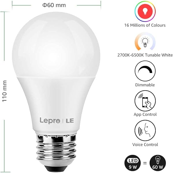 Bombilla LED Inteligente WiFi Regulable LE Bombilla WiFi E27 9W Equivalente a 60W 16 Millones de Colores 806 lmen Lmpara WiFi Luz RGBW Blanca 2700K 6500K Compatible con Alexa Google Home2 Pcs