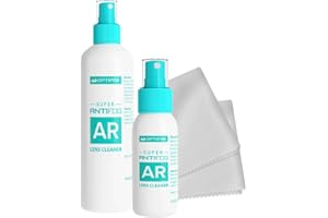 OPTIPAK Anti Fog Lens Cleaner Spray Kit | (1x) 8oz and (1x) 1oz Anti Fog Glasses Cleaner Bottle + (2x) Microfiber Cloth for Eyeglasses, Sunglasses, Mirror - Eyeglass Defogger Spray Cleaning Kit (4 Piece Set)