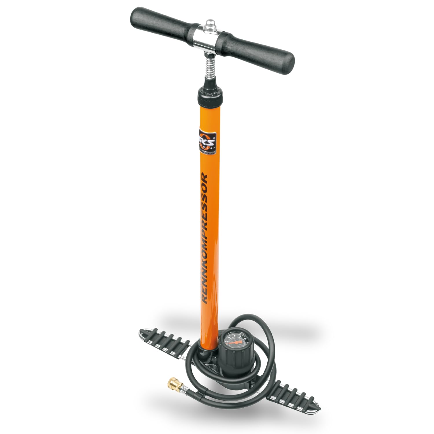 SKS GERMANY RENNKOMPRESSOR MESSINGNIPPEL Standpumpe (Luftpumpe SV-Ventile, Präzisionsmanometer, Metallrohr, Gussfuß, Holzgriff, max. Druck: 16 bar / 232 PSI)