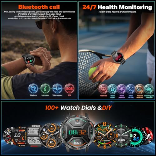 GPS Smartwatch Men's Watch with Calls: 1.46 Inches Large Round Screen Military Smart Watch Fitness Sport Compass Flashlight Heart Rate Monitor Pressure Sleep Waterproof Health Watches for Android iOS