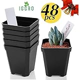 Christmas Gift IGGRO 48pcs Cell Starting Seedling/Transplant 2.75" Square x 3.25" Deep Plastic Pot Tray with 48 Plant Label Markers and Drain Holes for Seed Germination Soil Planting Starter Plugs