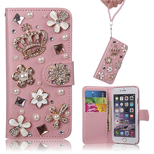 iPhone 6S Bling Case, Mini-Factory Luxury 3D Bling Crystal Rhinestone Diamond Floral Golden Crown Design Leather Cover Case Wallet For Apple iPhone 6S (2015) & iPhone 6 (2014)