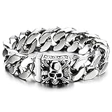 Mens Large Stainless Steel Curb Chain Bracelet with Fleur De Lis and Skull, Biker Gothic, Polished