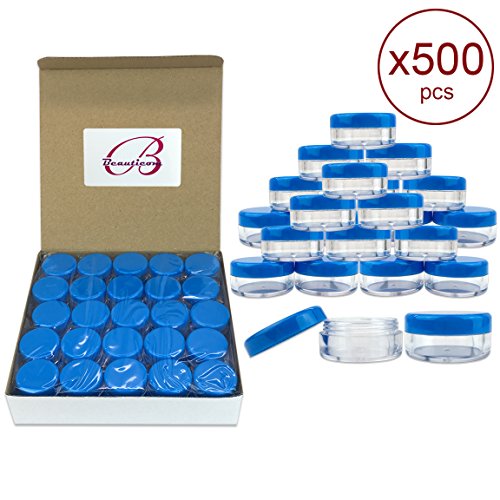 (Quantity: 500 Pieces) Beauticom 5G/5ML Round Clear Jars with BLUE Lids for Scrubs, Oils, Toner, Salves, Creams, Lotions, Makeup Samples, Lip Balms - BPA Free