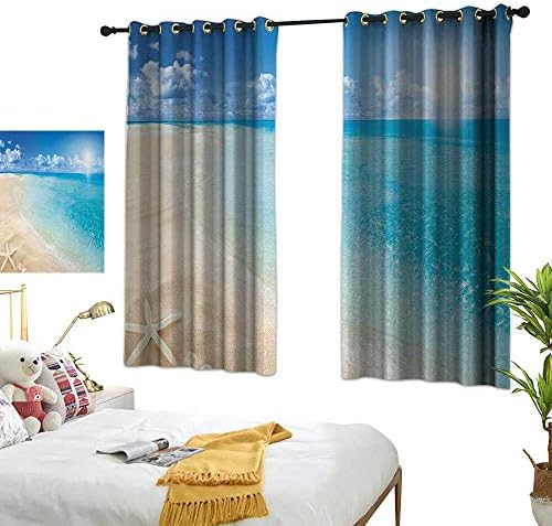 LsWOW Bedroom Curtains W55 x L63 Beach,Sunny Summer Seashore with Clear Sky Seashells Starfish Clouds Aquatic Picture,Aqua Cream Blue Curtains 2 Panel Set for
