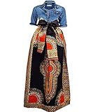 Shele Women's African Print Dashiki Long Maxi A Line High Waist Skirt (M, Black)