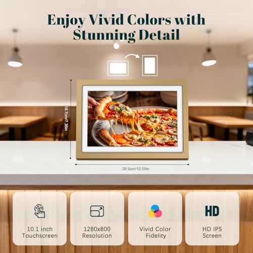 Frameo Digital Picture Frame WiFi Sunset Gold Frame 10.1 Inch Picture Frame with 1280x800 HD IPS Touchscreen, Built-in 32GB, Send Photo Video via Frameo App/USB/SD, Gifts for Women Men