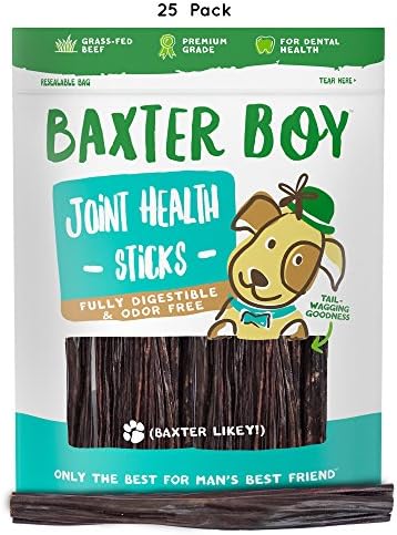 Baxter Boy 6โ Joint Health Boosting Sticks Dog Treat Chews (25 Pack) โ Naturally Rich in Glucosamine and Chondroitin - Tasty and Fresh Beef Gullet Sticks - Promotes Healthy Joints and Tissue Growth