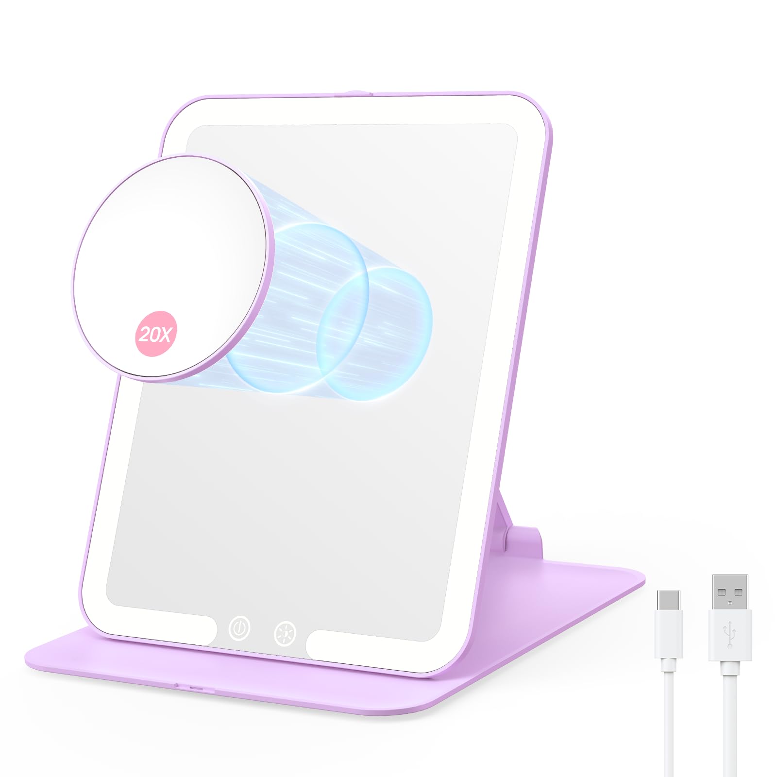 Photo 1 of Benbilry Foldable Travel Makeup Mirror with Lights and 20X Magnification, Rechargeable Tabletop LED Vanity Mirror with Adjustable Stand, 3-Colored Dimmable Lighting, Portable Cosmetic Mirror, Purple
