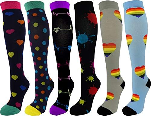6 Pair Large/X-Large Premium Quality Colorful Moderate Graduated Compression Socks 15-20 mmHg. Nurses, Running, Travel, Knee-High, Mens and Womens Style & Assorted Multi-Colored Designs