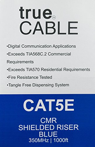 Cat5e Shielded Riser (CMR), 1000ft, Blue, Solid Bare Copper Bulk Ethernet Cable, 350MHz, ETL Listed, 24AWG, Overall Foil Shield (FTP), trueCABLE