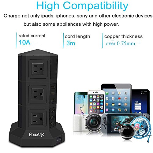 Tower Power Strip Surge Protector 12 AC Outlets with 6 Ports USB Chargers Black-Powerjc