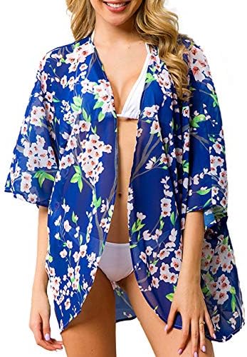 Women's Beach Cover Up Floral Print Chiffon Summer Swimwear Kimono Cardigan