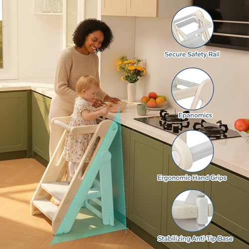 Beauenty Learning Tower, Foldable Children'S Kitchen Step Stool, Adjustable Height Step Ladder Montessori Kids Standing Tower, With Handles, Safty Rail, For Kitchen Counter Bathroom Sink Child Ladder