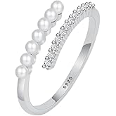 FUNYCHEN Pearl Rings for Women Dainty 925 Sterling Silver 14K Gold Plated Pearl Stackable CZ Open Wrap Rings Fashion Statement Wedding Band Ring Valentine's Day Birthday Summer Ocean Jewelry Gifts