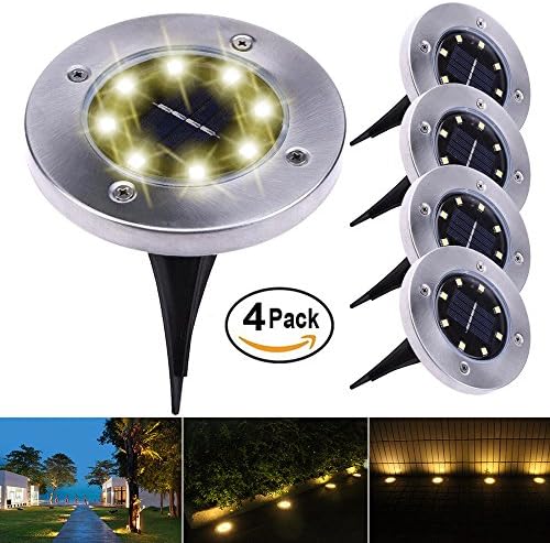 4-Pack Waterproof In-Ground Disk Landscape Solar Lights Outdoor with 8-LED for Outdoor Lighting Patio Lawn Pathway (Warm White)