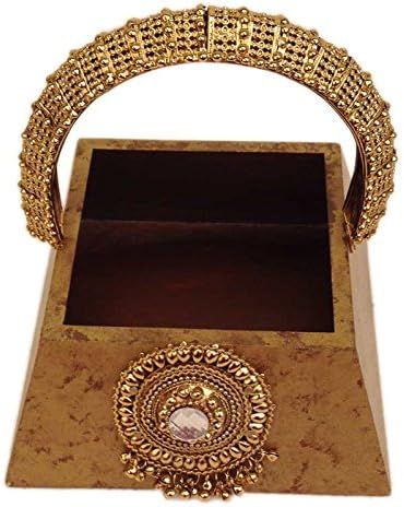 Wooden Broad Base Gold Textured Multipurpose Basket with Gungroo Brooch and Gold Handle: Home Dinning or Kitchen Use - 7" x 7" x 7.5"