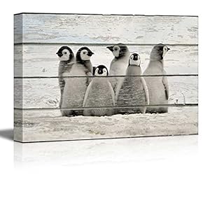 Little Penguins on Vintage Wood Textured Background Rustic Country Style
